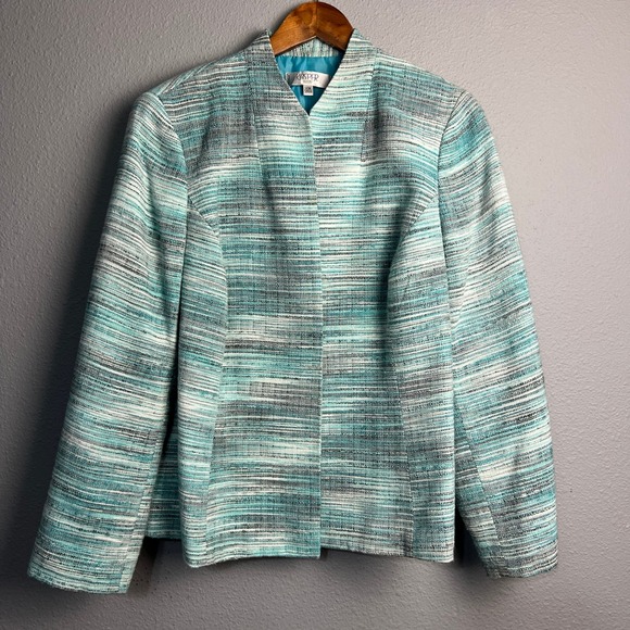 Kasper Woman Blazer 14W Blue White Acrylic Blend Career Jacket Coastal Grandma - Picture 1 of 12